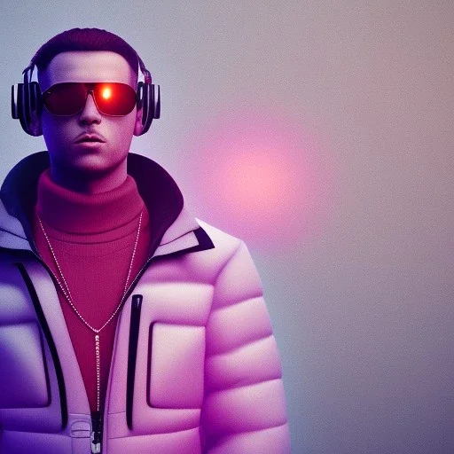 stylized Rabbit, smiling, cyberpunk headphone, sunglass, gangsta gold neckless, full body, magenta puffer jacket, manila city backdrop, dramatic lighting, hyper realistic, unreal engine 5, 16k