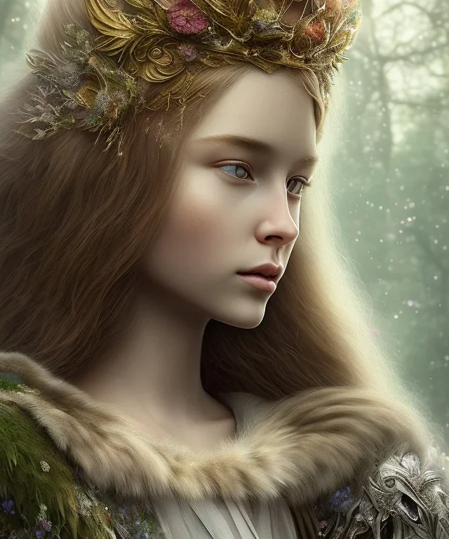 Young beautiful girl wearing floral crown next to a majestic, stunning lion on nature forest path, Chronicles of Narnia, 8k resolution, high-quality, fine-detail, iridescent, intricate, digital art, detailed matte, volumetric lighting, beautiful, illustration, 3D octane render, brian froud, howard lyon, selina french, anna dittmann, annie stokes, lisa parker, greg rutowski,