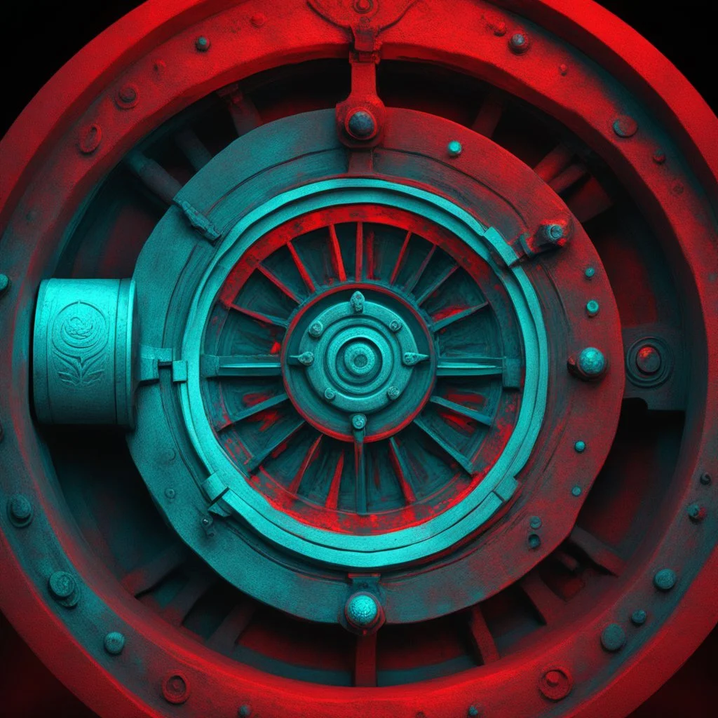 [3D anaglyph red-cyan glasses required] view front inside The chamber of a demonic firearm.. it is the cavity at the back end of a breechloading weapon's barrel or cylinder is carved with malediction bloody sigils, where the ammunition is inserted before being fired. intense light overexposed