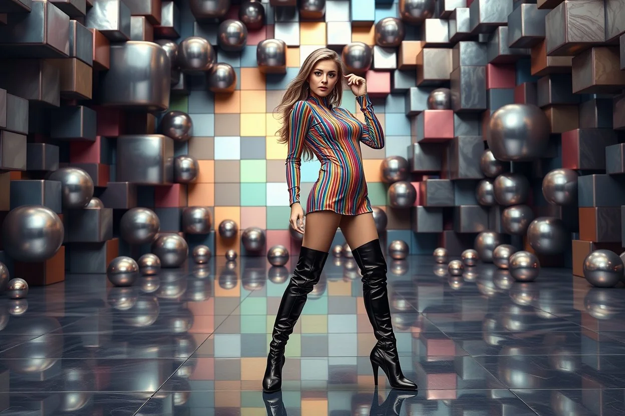 beautiful full body with long boots lady in surreal stage made of fractal random size spheres with helical strip colors in clothing similar to environment full body posing to camera,animating background metallic random color cubes