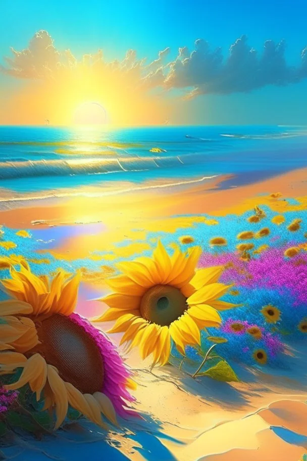 Morning, sun rays, light blue color, clear sky, bright sea, many sunflowers, in front of the sea, pink, yellow, orange, green, orchard, sand