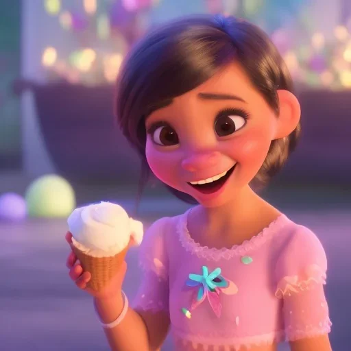 cute, adorable, smileing girl eating ice cream, candies flying all around her, Pixar, disney, cinema lighting, gaming, 8k, magic, love --q 1 --v 4