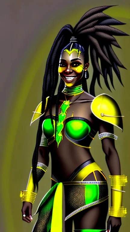 A woman has dark skin, yellow eyes and black dreadlocks. Her face has a slying smile, showing her superiority in the eyes of others. She is dressed in a steel armor with a few pieces of yellow and green fabric sticking out.