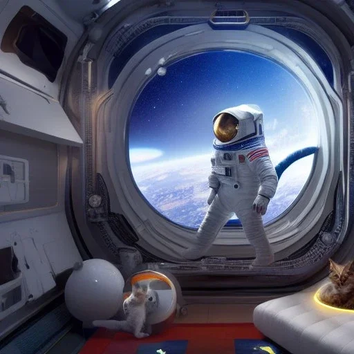 hyper-realistic astronaut with his pet cat inside spaceship, 8k resolution, high-quality, fine-detail, detailed matte, intricate, 3D octane render, illustration, digital art, brian froud, howard lyon, anna dittman, greg rutowski,