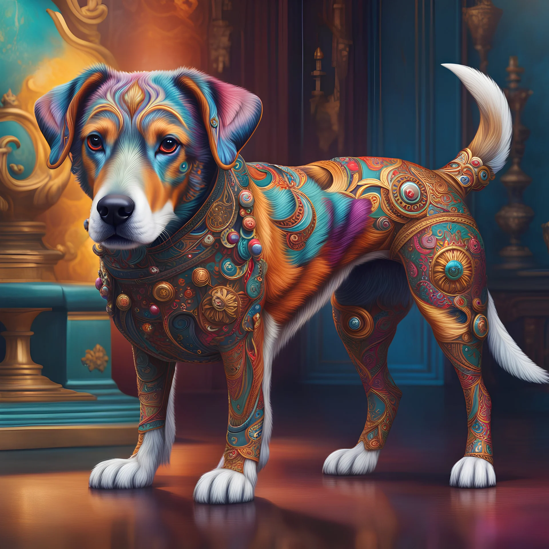 Full body Beautiful anthropomorphic dog colorful art conceptual, amazing artwork, hyper detailed, ultra maximalist quality, 12k