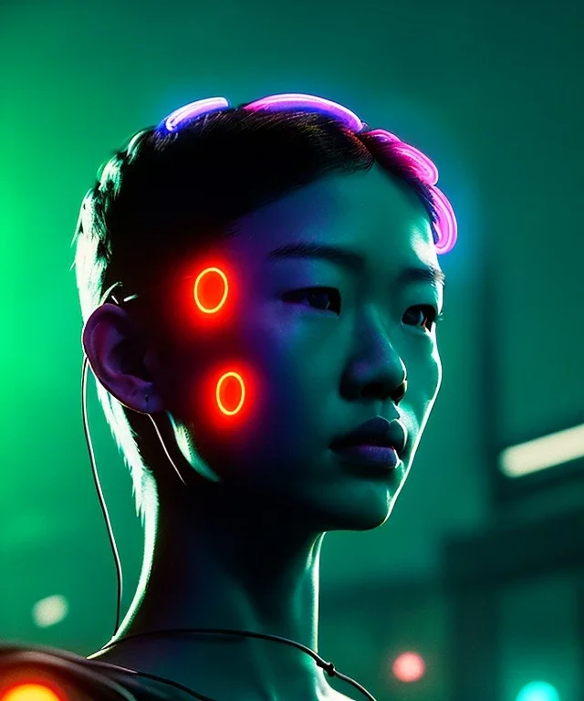 Ultra realistic photographic night portrait, cinematic, <Asian woman> many wires coming out of the head <perfect pupil> <cyborg arm> <garage> <wide angle Shot> <retro futuristic> <thriller>, neon lights, color fog, soft color, highly detailed, unreal engine 5, ray tracing, RTX, lumen lighting, ultra detail, volumetric lighting, high definition.