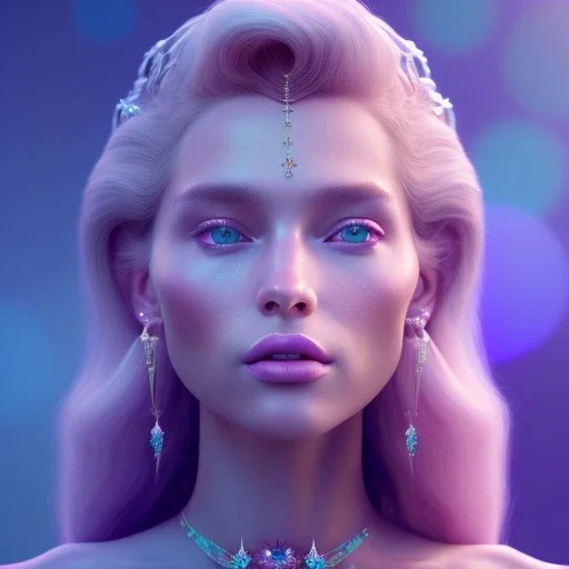 A portrait of a crystalised queen, atmospheric, blond long hair, realistic, unreal engine cosmic galactic, cinematic lighting, octane render, transparent,bleu pink light, cristal goutte rose sur le front, flowers