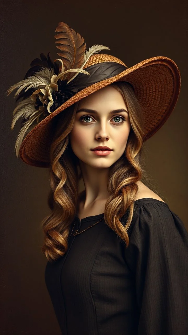 grant wood painting style , a portrait of a beautiful young woman wearing an English style feathered hat in light brown colors and dark brown background