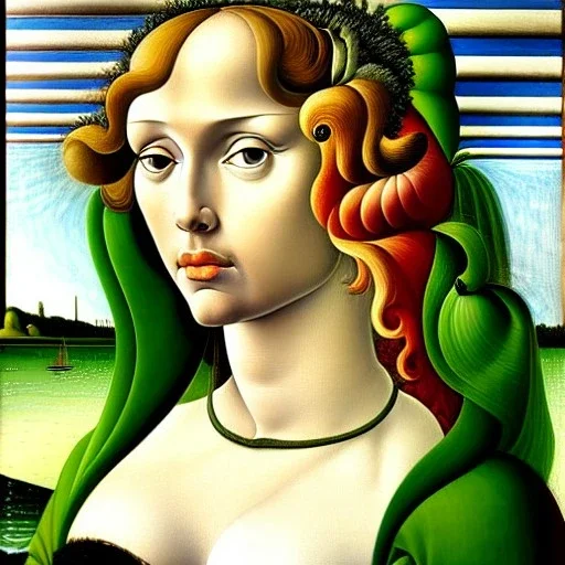 portrait of a beautiful busty Black Widow with green eyes by Sandro Botticelli style