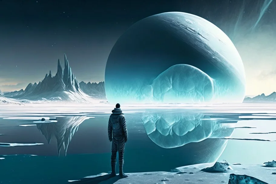 person seeing a grey exoplanet in the horizon, lagoon, ice blocks, sci-fi, very epic