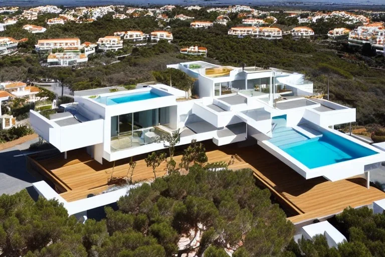 Day in algarve quinta do lago, aerial architectural view, modern luxury villas architecture building WITH STRAIGHT LINES AND CANNOPY in white render and wood with cannopy in gold metallic details and a modern luxury hotel building with two floors and extending covered terraces cascading, pinus pinea overlooking the golf course, green roofs and pools, sloped land with pinus pinea, hyper realistic 8k ultra render