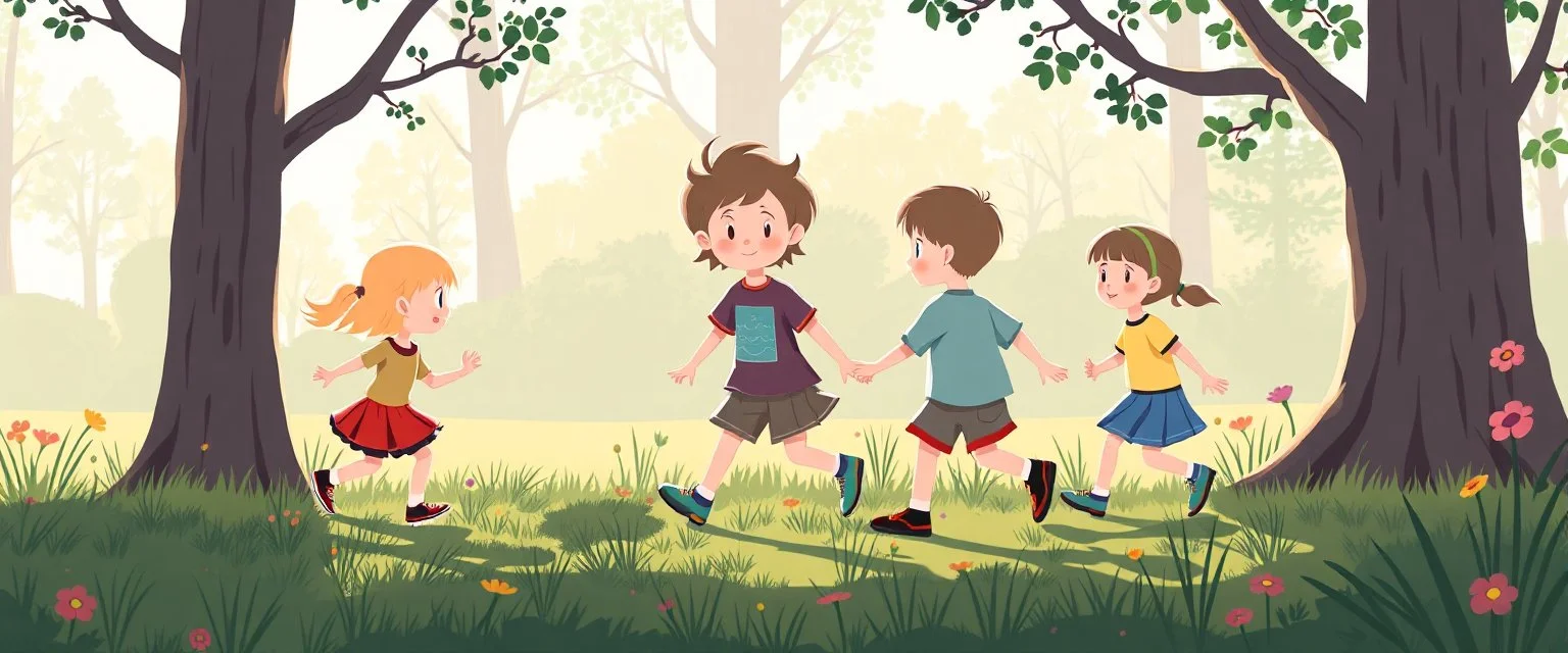 illustration of children playing follow the leder