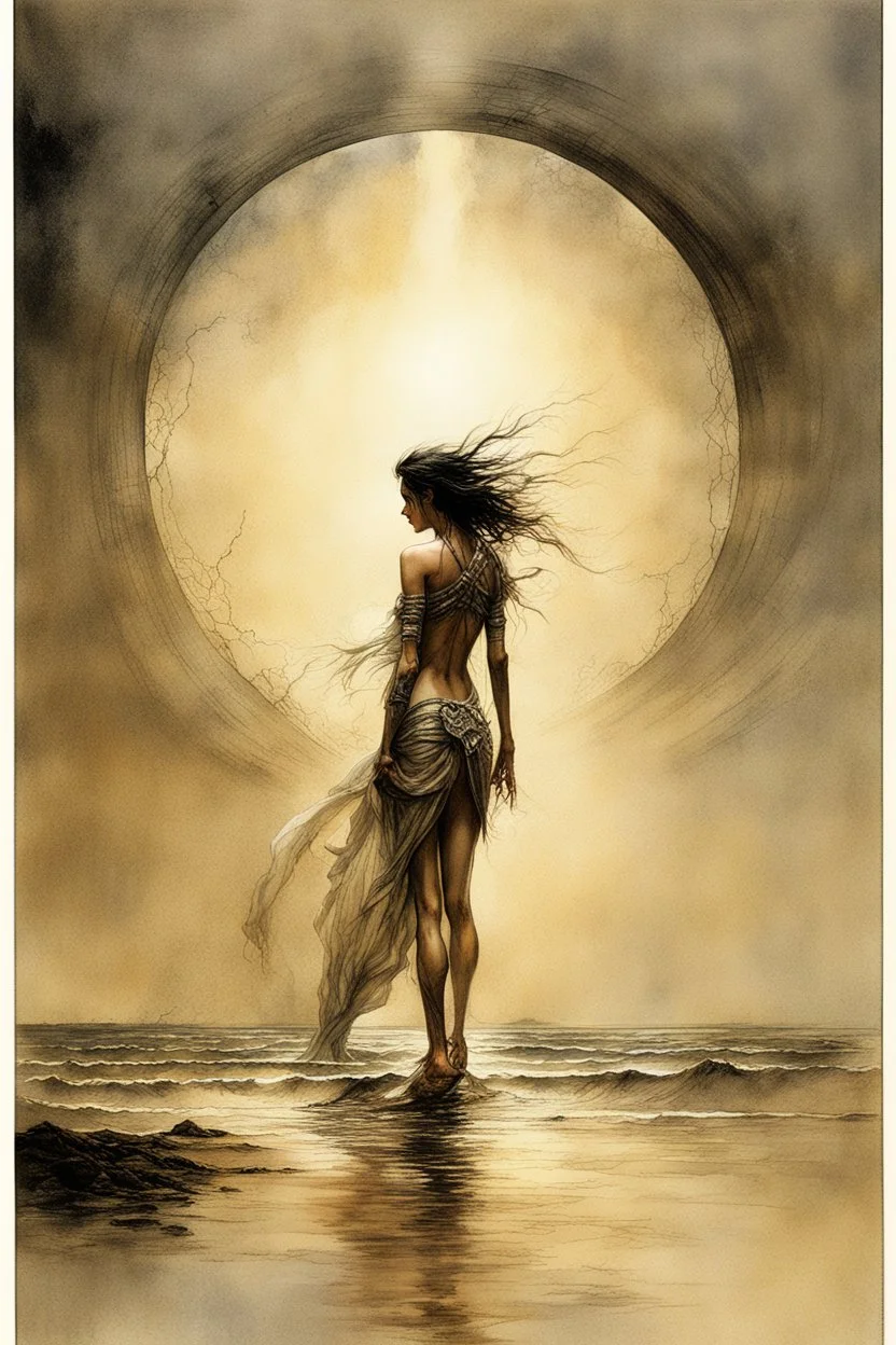 Hyper-photorealistic watercolor art style by Luis Royo & Stephan Martiniere, Surreal fine art etching of a figure by Luis Royo, tanned skin inscribed with the transient story of mortality, ethereal light playing with its form whispering tales of an eternal realm, eyes, black as the depths of the night, ardently pinand looking towards the endless skies, of black hair mirroring the mystery of the cosmos around, whole scene tinged with an ethereal softness from volumetric lighting, hues gr,