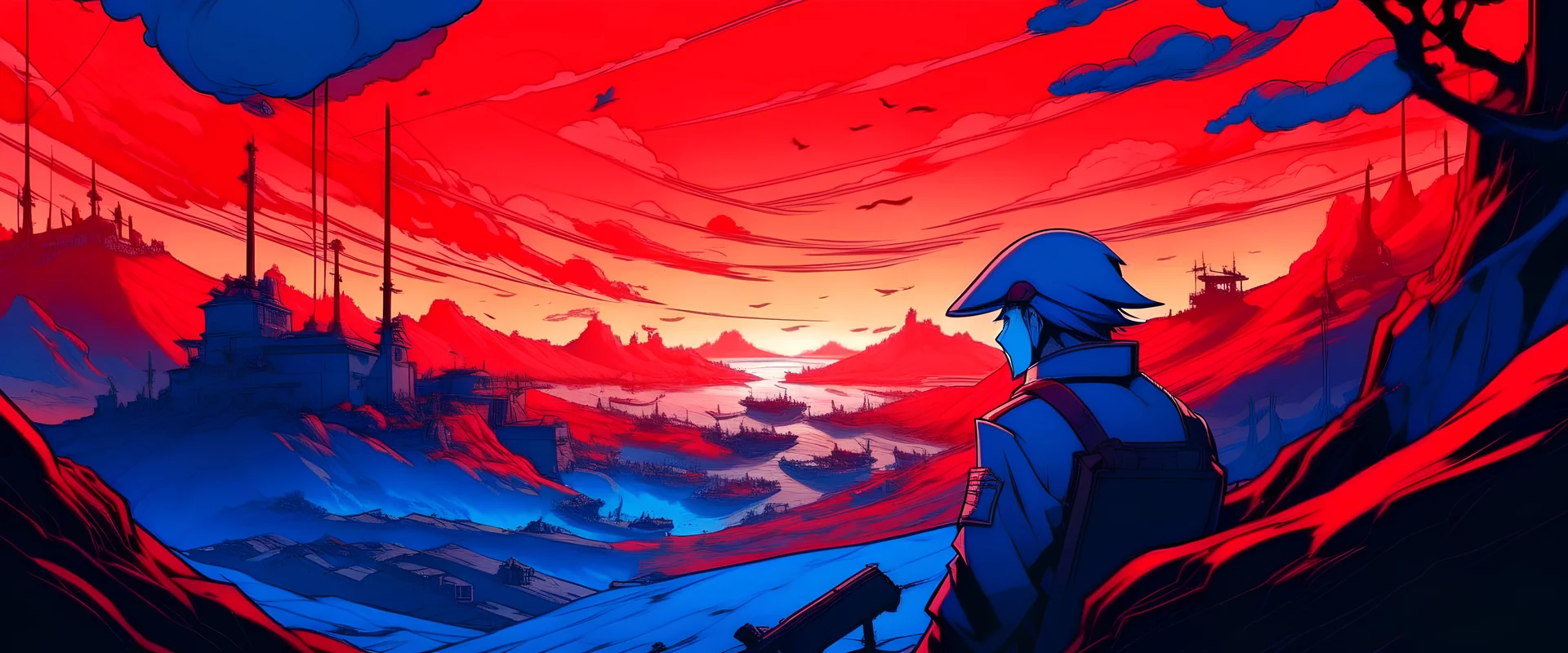 world war lands in anime style with red, blue colours without people