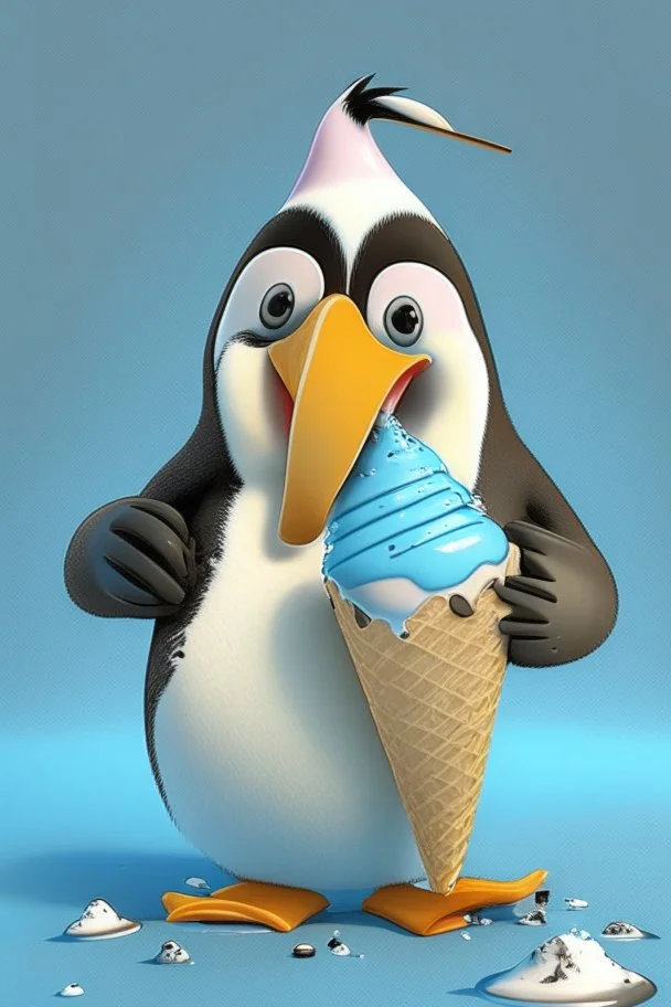 Cartoon character penguin eating ice cream