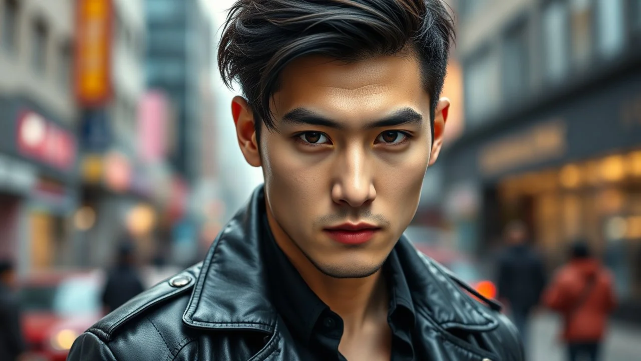 portrait, an realistic handsome 30 years old attraktive korean man with bad boy vibe, medium long dark hair, stunning dark eyes looks suggestively, masculine mouth and chin. sharp focus, high detalied, extrem realistic, black leather coat, or shirt, background in city, perfect photo