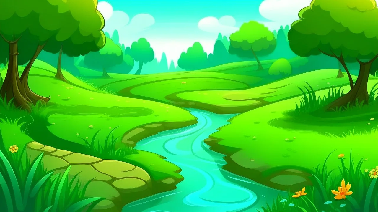 Fantasy cartoon illustration: path in the grass near a pond