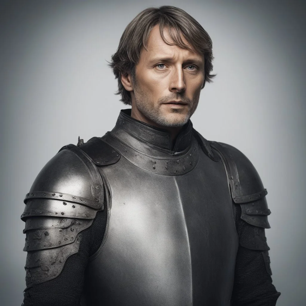mads mikkelsen dresses in knight's armour, head fully in frame, high quality photo