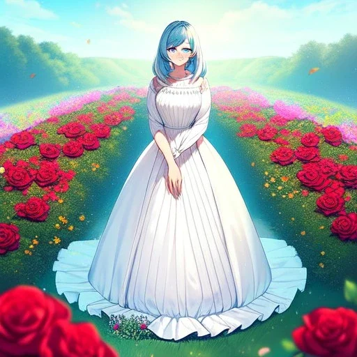 gorgeous anime girl wearing a yellow and white dress ,standing in a meadow of flowers, spreading rose pedals on the ground. beautiful eyes and a stunning smile, blue eyes, two blue eyes, perfect nose and rosy cheeks and red lips