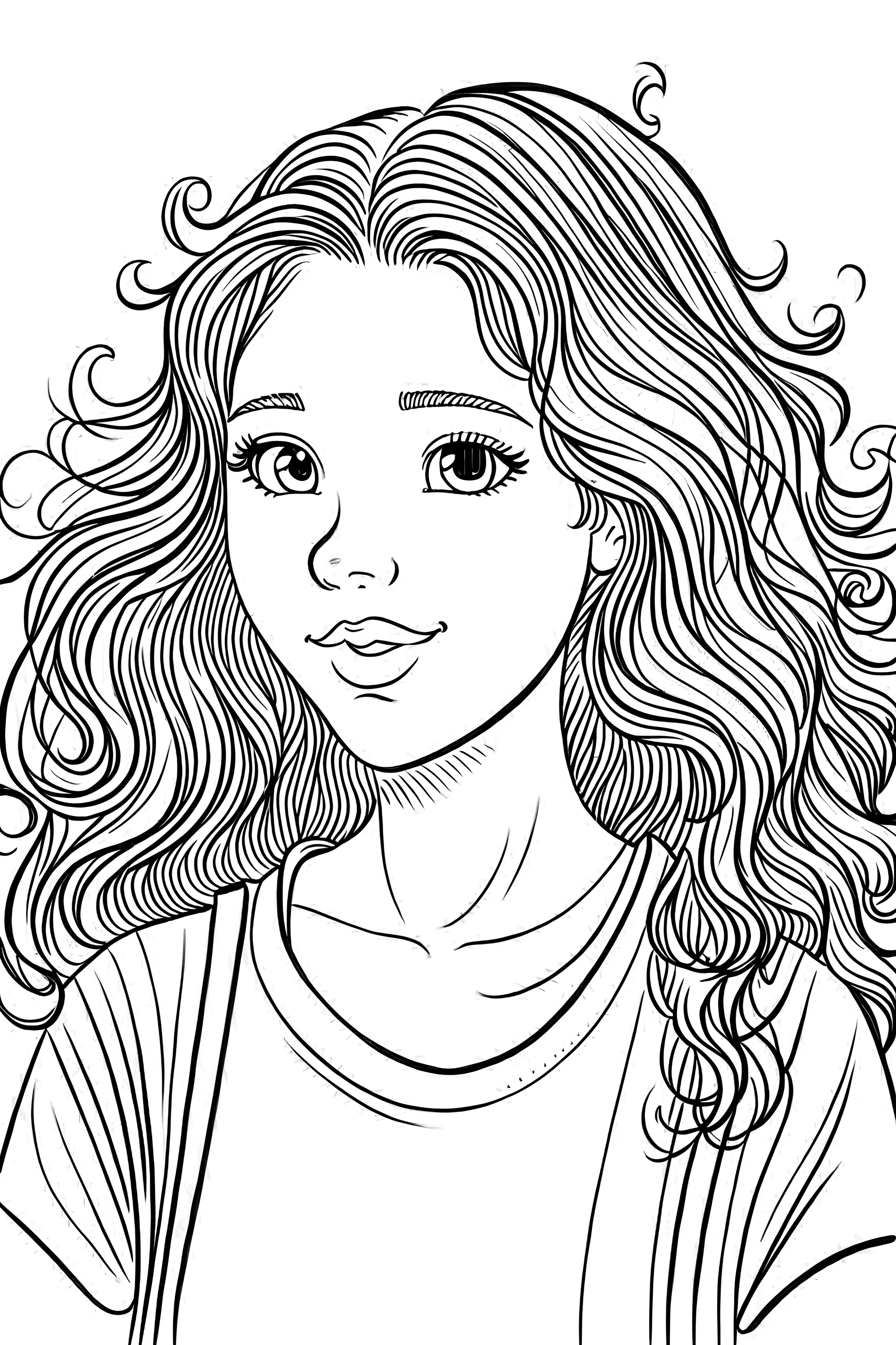 outline for a cute coloring page with a 13-year-old girl with wavy hair, white background, sketch style, only use outline, no shadows and clear and well