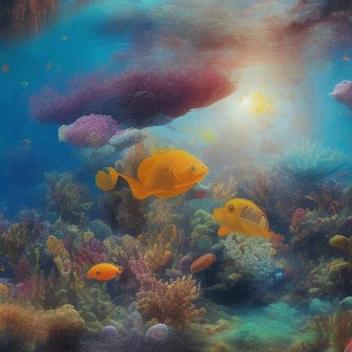 serene underwater scene, coral, fish, rocks, oil painting, by renoirm, pastel colors, masterpiece, intricate, cinematic lighting