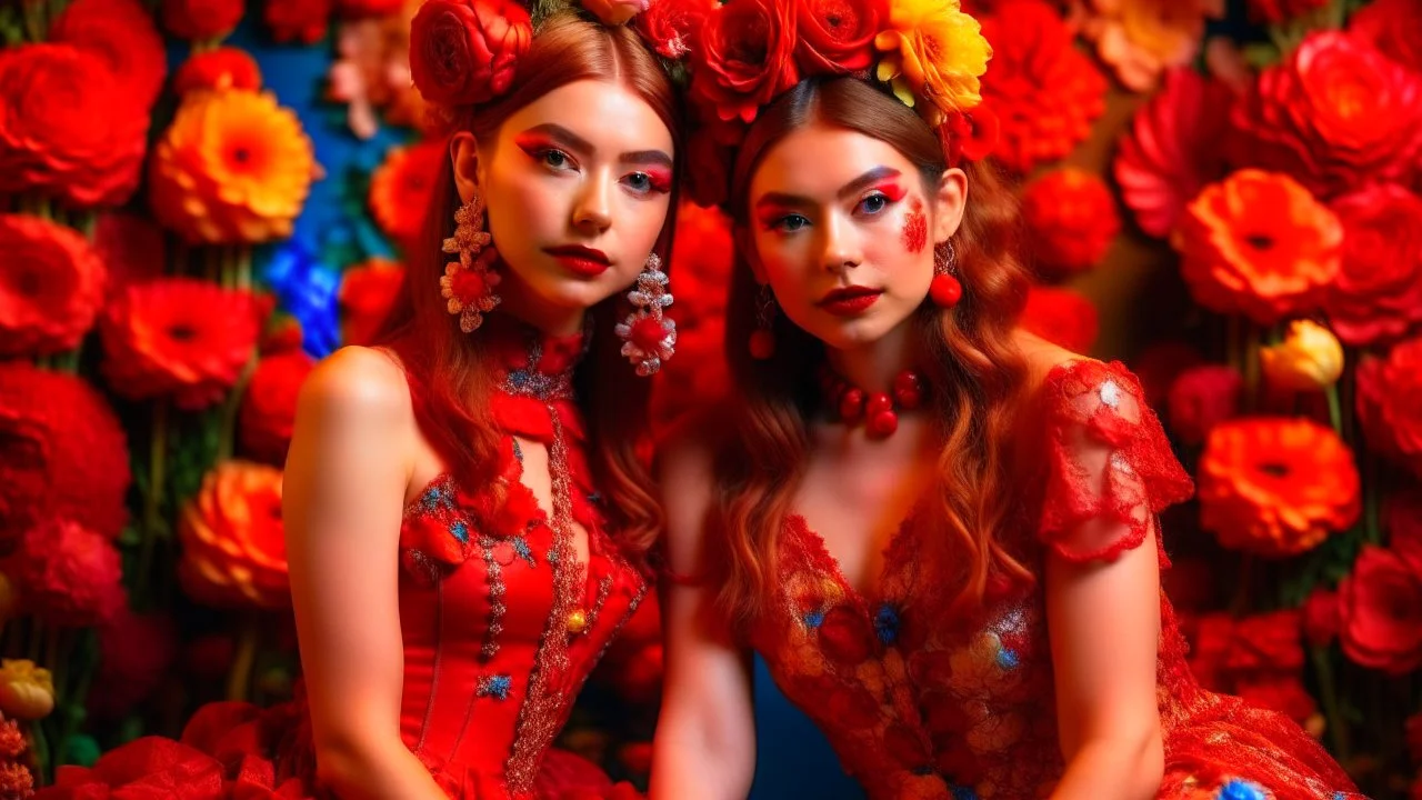 Two young women with elaborate, colorful costumes and makeup, posing in front of a red, floral background