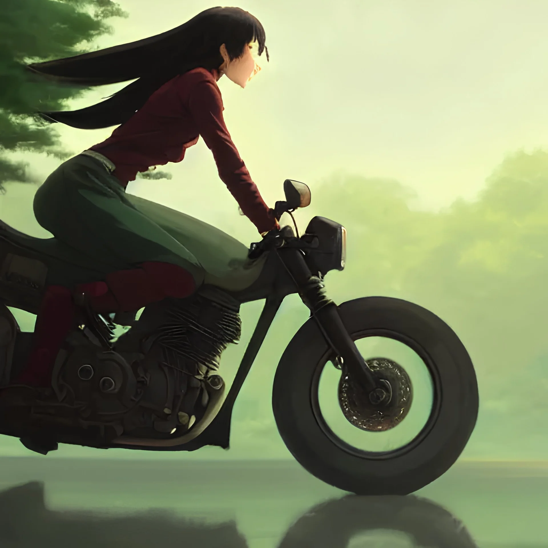 cinematic close up of a person riding a motorcycle on a road near a forest, delicate features finely detailed perfect art, green field, gapmoe yandere grimdark, trending on pixiv fanbox, painted by greg rutkowski makoto shinkai takashi takeuchi studio ghibli