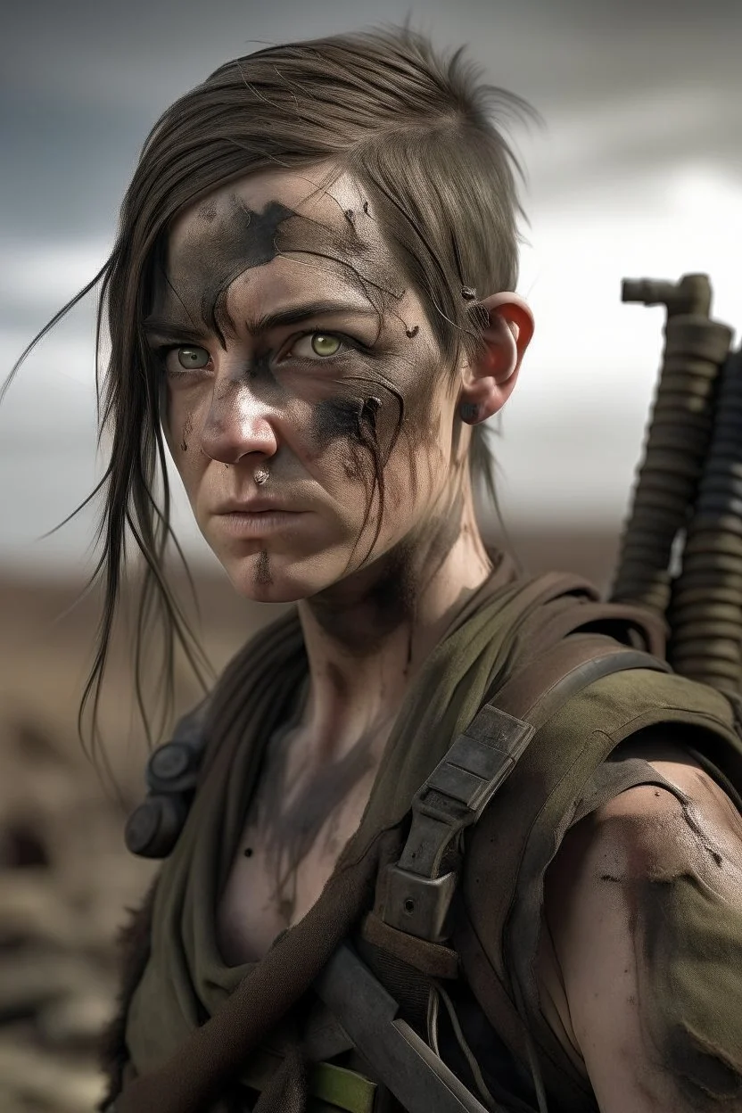 A post-apocalyptic survivor, scarred face, female, detailed, hyper realistic, mid 30s, muscular build, in a desolate wasteland, holding a makeshift weapon,