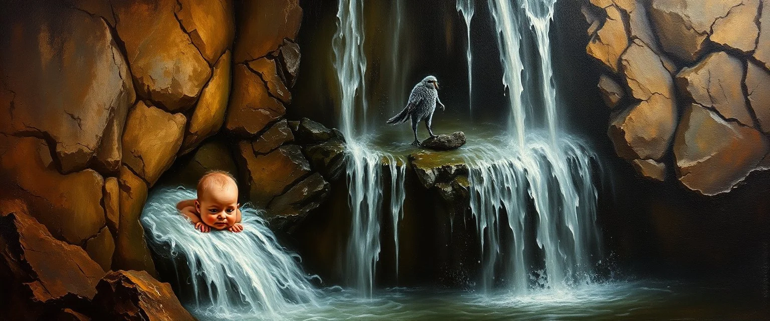 master oil painting by Rembrandt,cute blind trolls bading baby inside waterfall with nyx