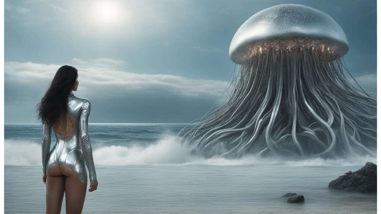 Wide-angle shot of a woman, standing to one side on a beach with huge waves, with dark hair in a silver robotic catsuit, many gigantic flying jellyfish with tentacles floating above her, masterpiece, best quality, super detailed