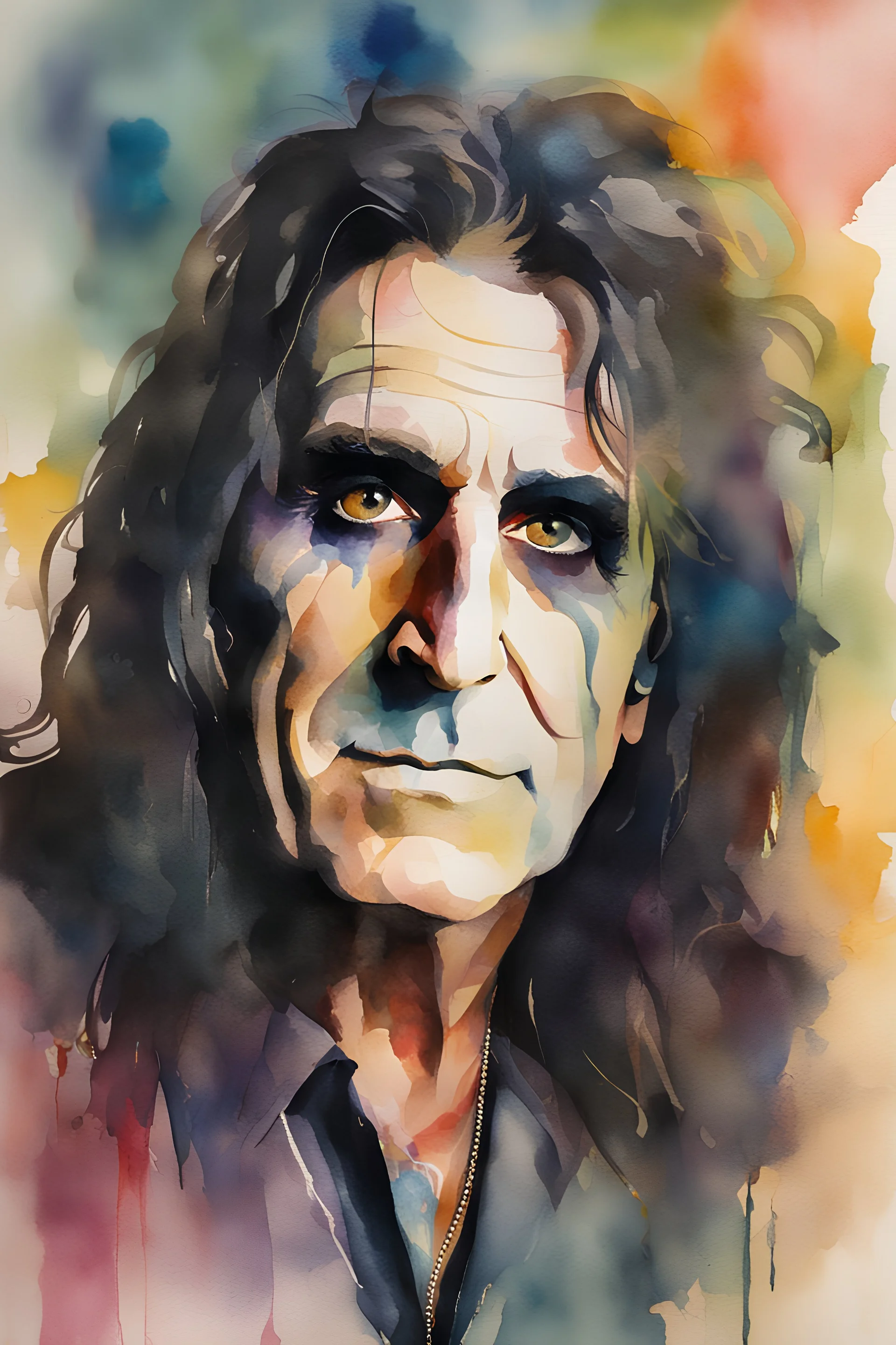 head and shoulders portrait, Alice Cooper - a multicolored, watercolor stained wall in the background,