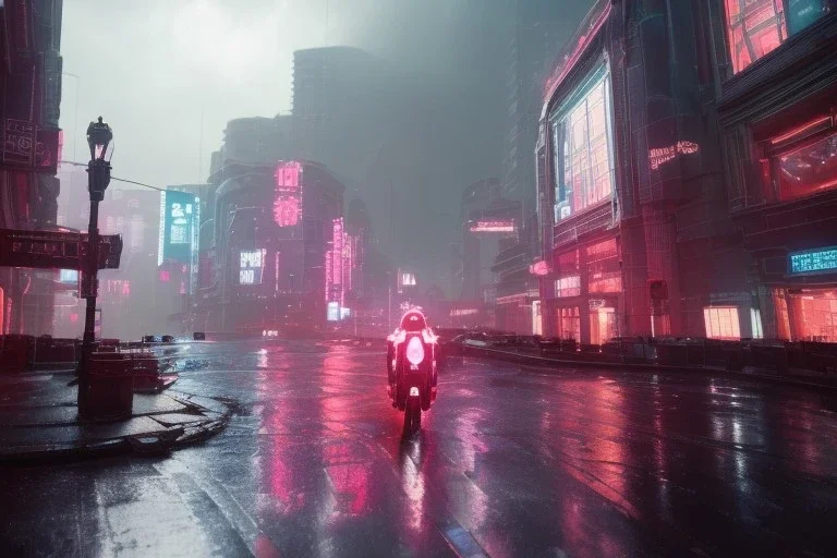 3D, beautiful, light reflecting, empty future city at night, rainy night, neon, cyberpunk, tron, person with helmet walking