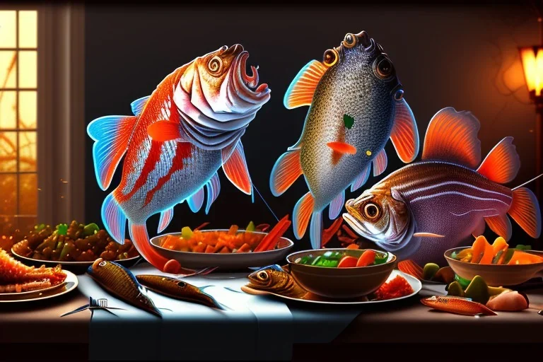 supper, fish sit at the table and eat pieces of people.