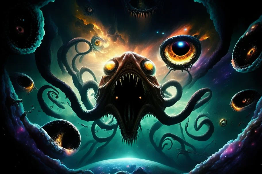 View into an event horizon in space with many enormous strange tentacled creatures with huge eyes and mouths flying around