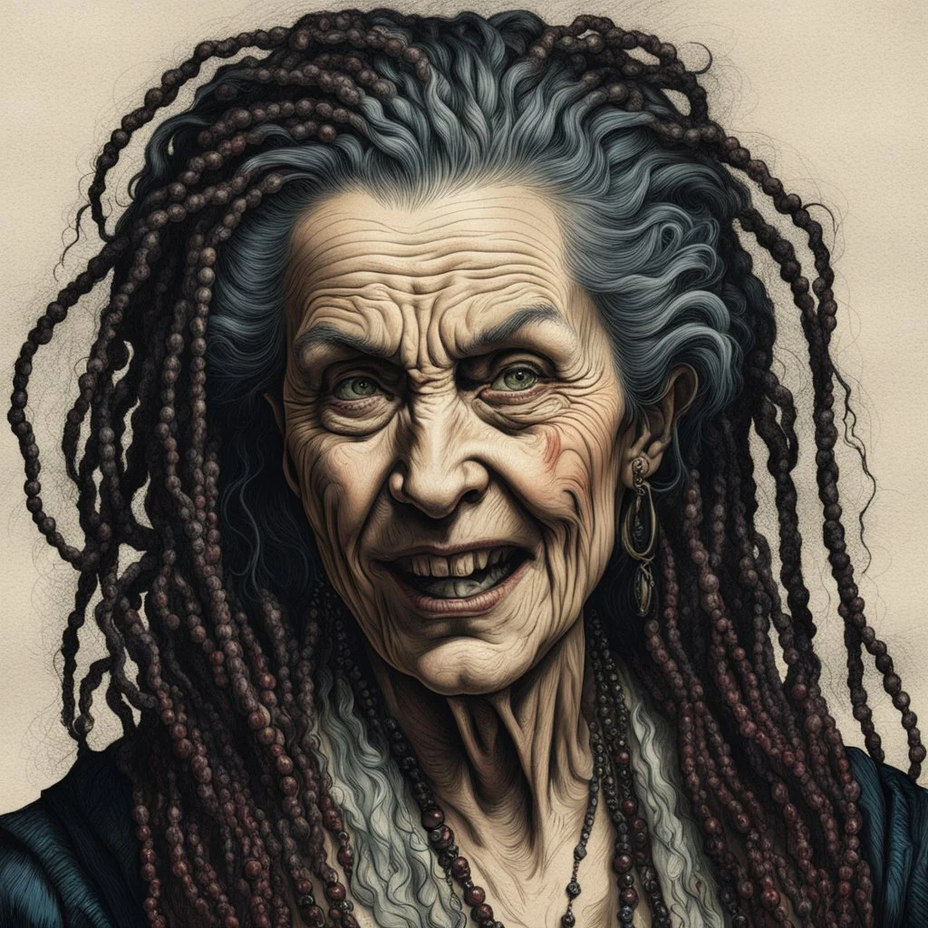 colored etching of an aged raggedly dressed, malevolent, predatory French female vampire , with highly detailed beaded dreadlock hair and facial features ,in the style of Rembrandt, Gian Lorenzo Bernini, Johannes Vermeer, and Ann Chernow, with a fine art aesthetic, highly detailed , realistic , 4k UHD