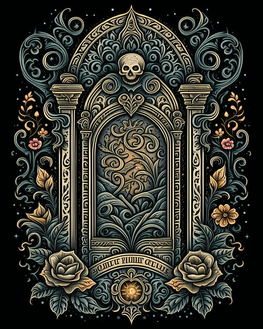 ornate gravestone tattoo design, traditional tattoo style, t-shirt design, fantasy art, digital painting, clean dark background, 8K