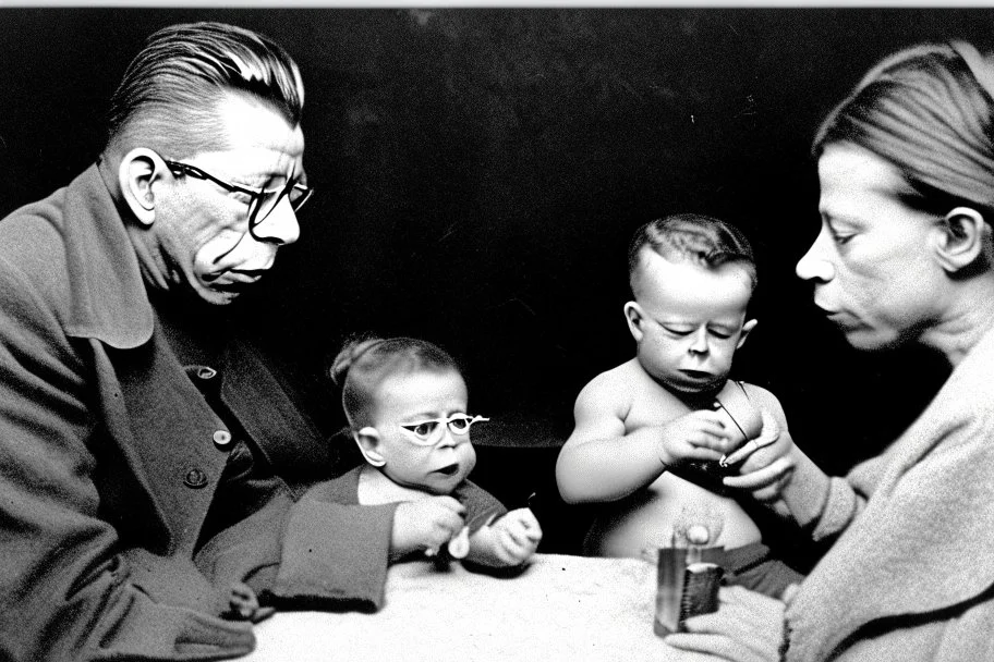 a photo of baby Simone de Beauvoir and baby Jean-Paul Sartre meeting baby Che Guevara who is lighting a cigar for baby Jean-Paul Sartre