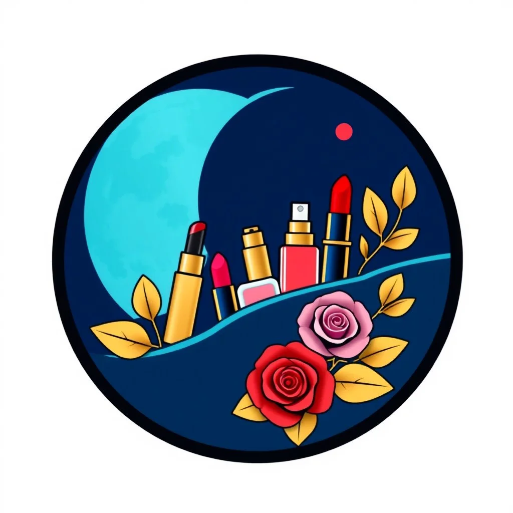 A circular logo designed for a cosmetics store with the symbol of the moon and the colors of turquoise, indigo, red, gold and pink, a blue and black circle decorated with cosmetics and nail polish, lipstick, body spray and rose leaves .
