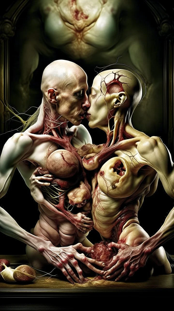 cinematic gore photorealistic fleshy dmt lsd photo of 2 conjoined mangled bodies making love, 1 soul vortex, complementary, anatomically fragmented, ripped apart again being flayed, skinned alive. A beating heart, muscles, blood vessels, bowels, entrails are exposed. anatomy. physiology. Bosch and Dali inspired hallucinations. mythology. grotesque.