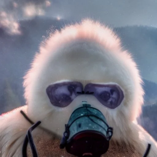 Yeti, wildfires in the background, mountains