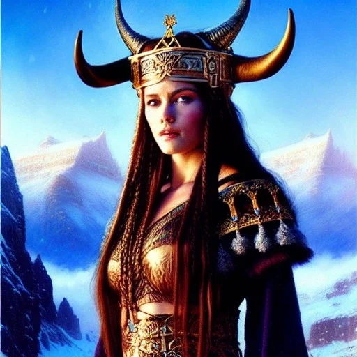 portrait beautiful face viking queen,braids,busty,horned helmet,snow,castle,mountains,ancient leather armor, balanciaga fashion clothe painting by gaston bussiere, greg rutkowski, yoji shinkawa, yoshitaka amano, tsutomu nihei, donato giancola, tim hildebrandt, oil on canvas, cinematic composition, extreme detail,fit full head inside picture,16k