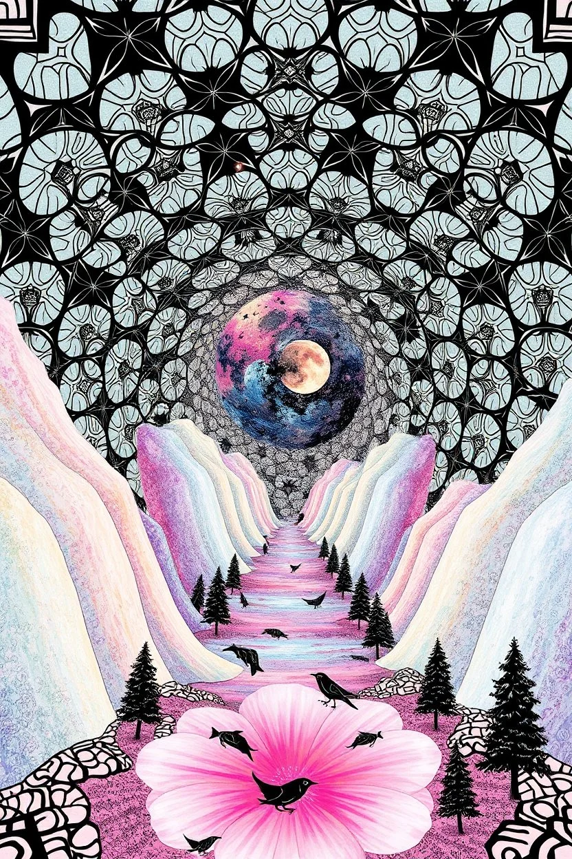 Cosmological escape route; undersides of pretty colors covered in repeating black optical patterns inspired by M.C. Escher with interlocking geometric tessellations that transition from abstract shapes into the forms of small birds and fish as they move outward along flower petals and trees in nature
