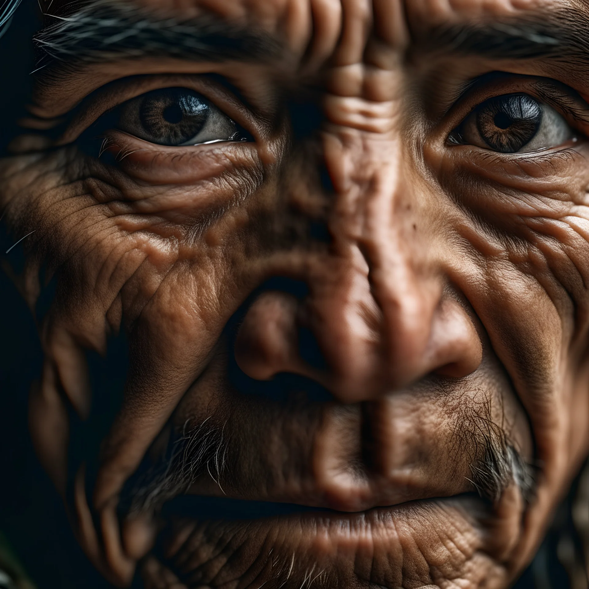 A close-up of Kodun's piercing eyes, surrounded by deep wrinkles and weathered skin. His gaze is intense and unwavering, as if he can see into the very soul of those who meet his stare.