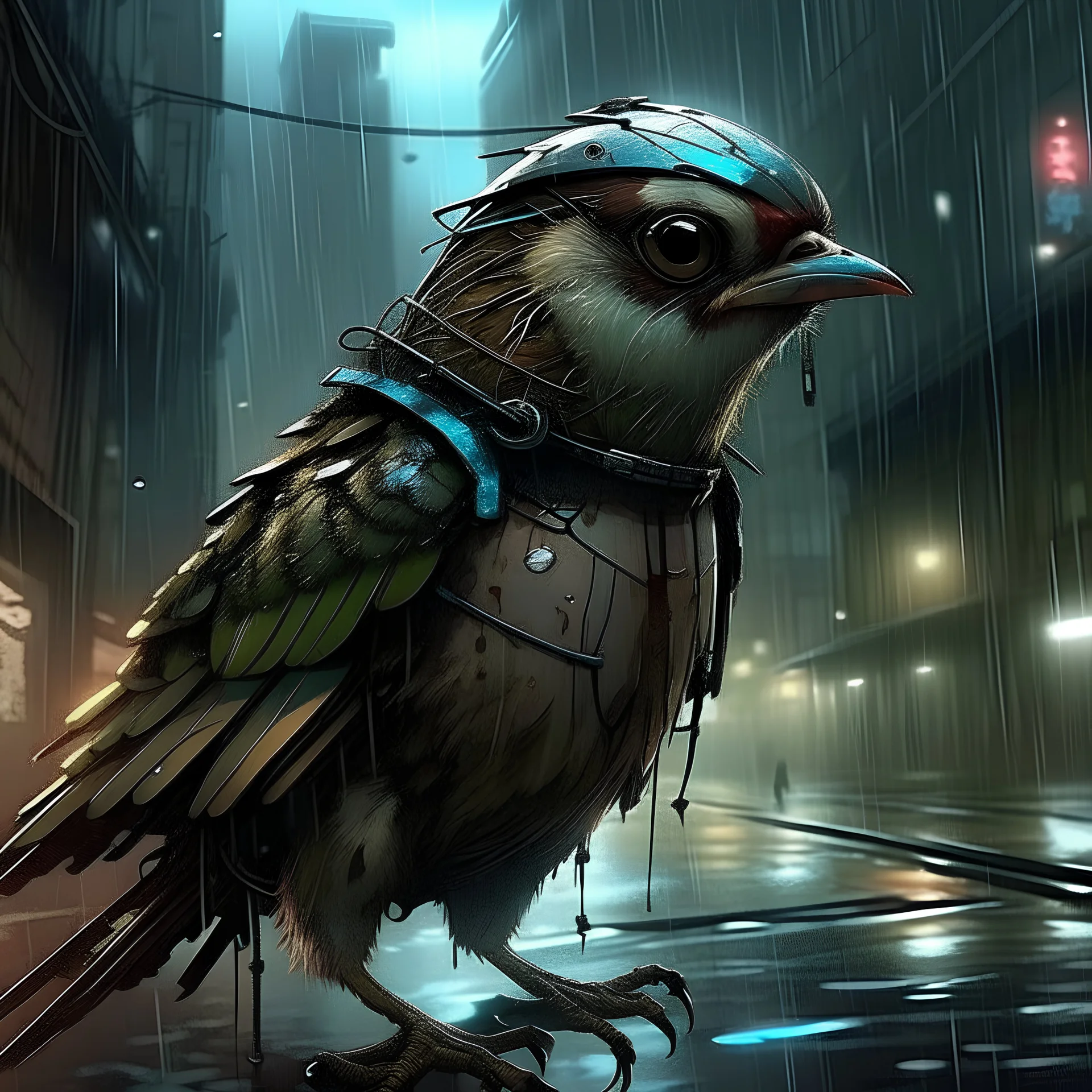 cyberpunk male sparrow cyborg in a rainy city