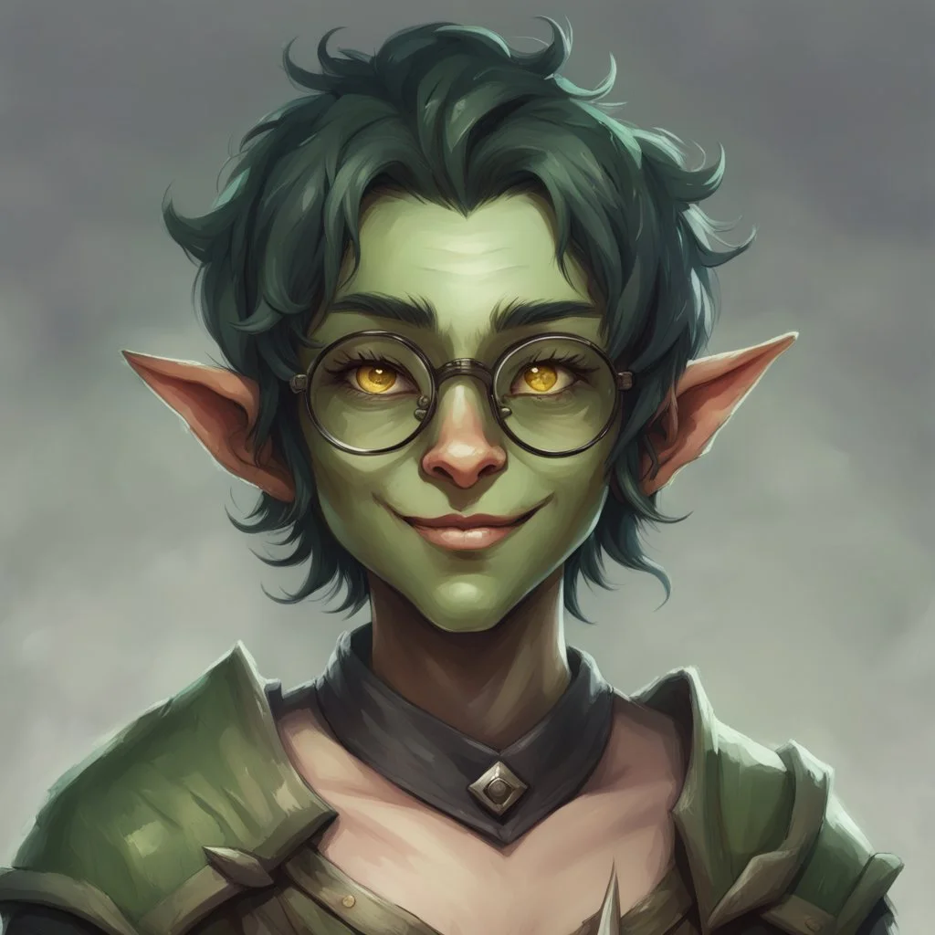 dnd, portrait of cute young orc-elf femboy, black hair, short hair, curled hair, hair covering one eye, emo hair, round glasses, tusks, sharp teeth, yellow eyes, flat chest, mage, magic, nose ring, pierced ears, twink, smile, sharp teeth, all green skin, round face, small nose, shy, green ears, green lips, green nose, petite