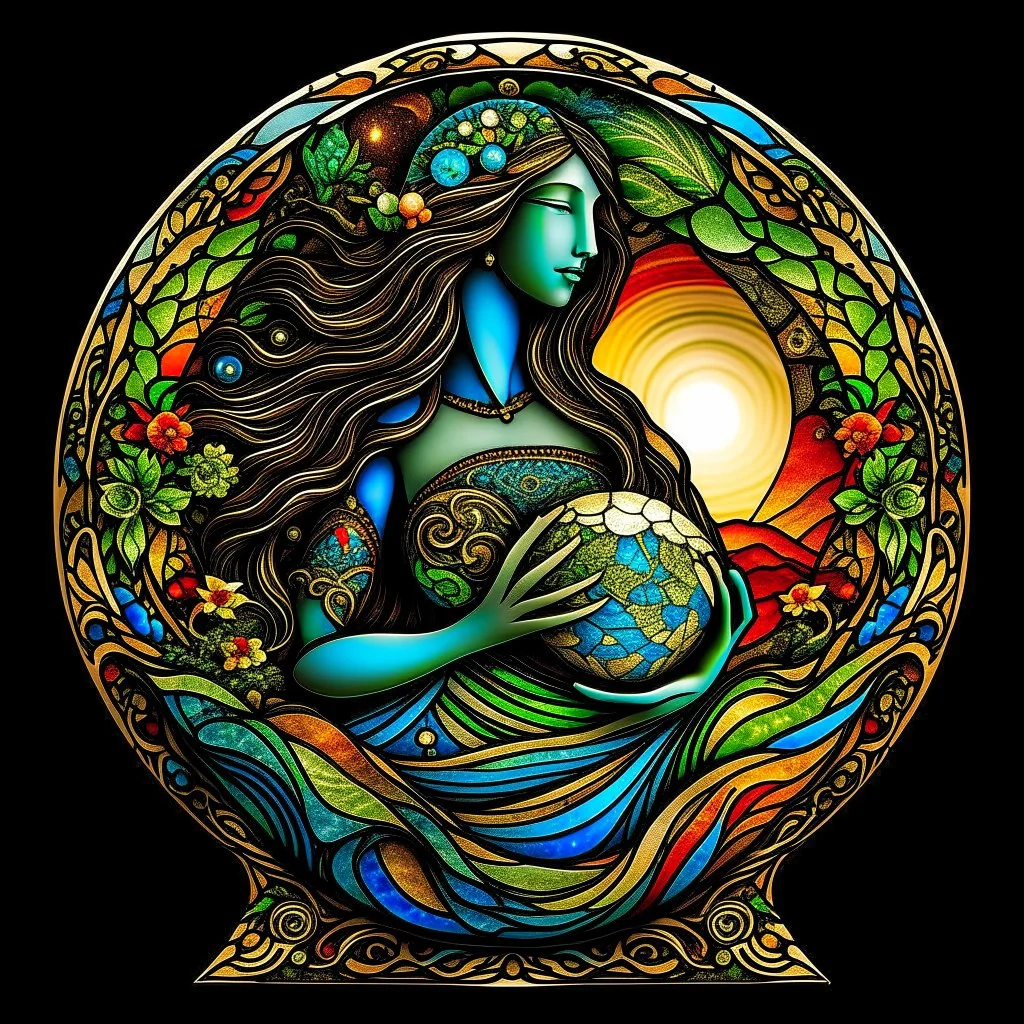 🔥 PROMPT: A surrealistic art piece featuring Mother Earth cradling Planet Earth in her arms. The sculpture is intricately carved from interlacing wood, with stained glass inlays that illuminate the artwork. The filigree design draws inspiration from Irish folk art, blending the styles of James Rizzi, Mary Anning, Rufino Tamayo, and Carl Kleiner. Set against a dark background, the illuminated sculpture installation presents a stunning fusion of nature and art, with detailed craftsmanship and vib