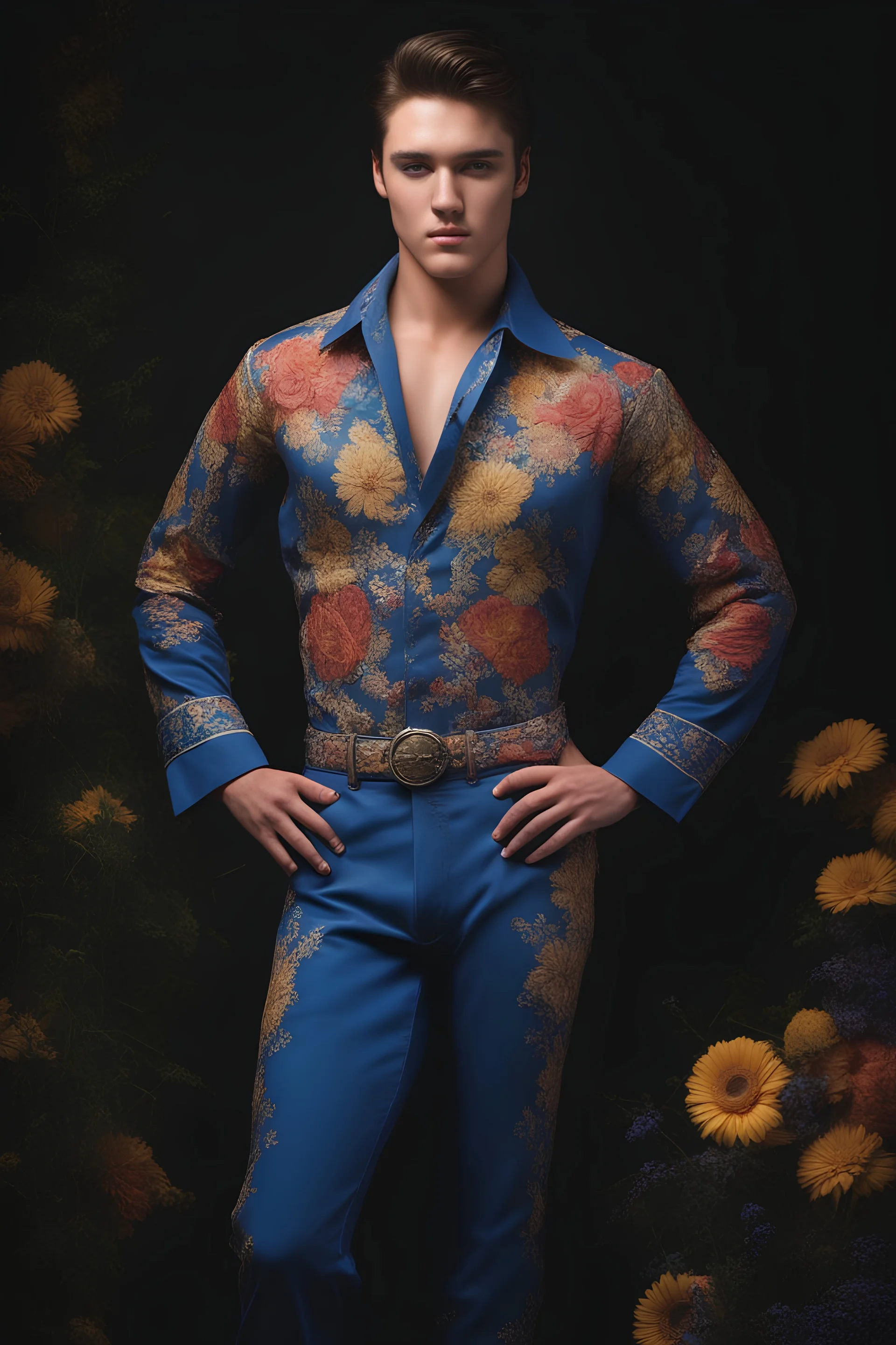 18-year-old Elvis Presley, full body portrait, 6'5". 220lbs, extremely muscular,18-year-old Elvis Presley has great big giant muscles, blue eyes, skintight, formfitting high-collared jumpsuit with floral designs, smirking, pitch black background, multicolored spotlight, Photorealistic, realistic stock photo, Professional quality Photograph. Fog, Clouds, mist.