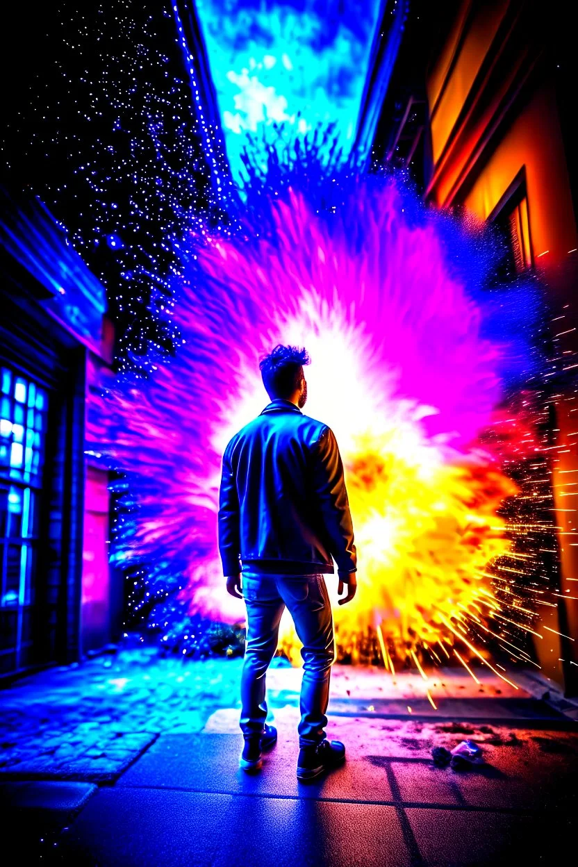 Young man walking away from a building that is exploding at night, with coloured auras all around him