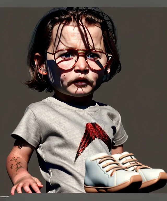 Johnny Depp toddler, full body, shoe, car, dramatic lighting, hyper realistic