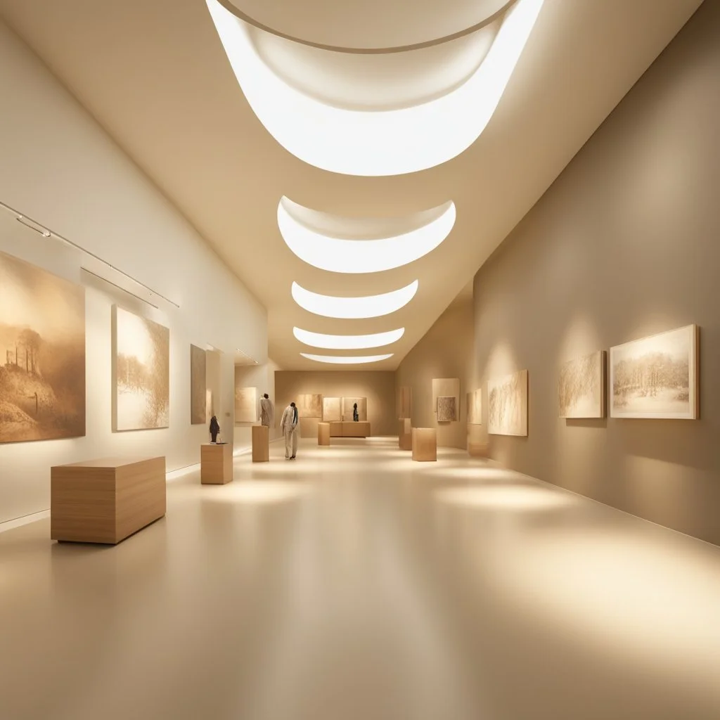 Museum design with “interactive exhibition halls”, natural lighting, modern style, earthy colours